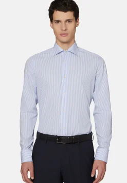 Chemises Habillées-Boggi Milano Chemise À Rayures Bleu Ciel En Coton Dobby Slim Fit Bleu clair