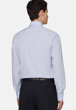 Chemises Habillées-Boggi Milano Chemise À Rayures Bleu Ciel En Coton Dobby Slim Fit Bleu clair