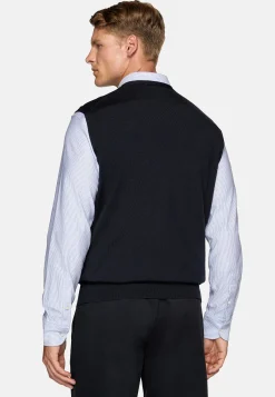 Tricots-Boggi Milano Gilet En Maille Bleu Marine En Laine Mérinos