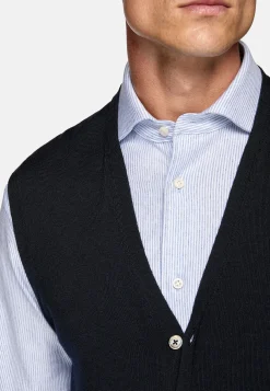 Tricots-Boggi Milano Gilet En Maille Bleu Marine En Laine Mérinos