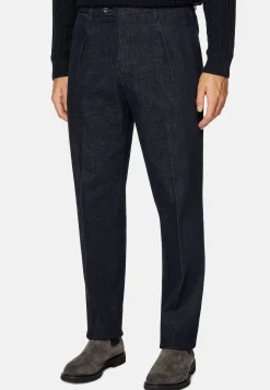 Pantalons-Boggi Milano Pantalon En Denim Extensible Bleu Foncé