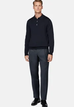 Polos|Tricots-Boggi Milano Polo En Maille Bleu Marine En Laine Mérinos