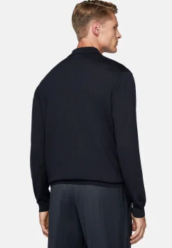 Polos|Tricots-Boggi Milano Polo En Maille Bleu Marine En Laine Mérinos