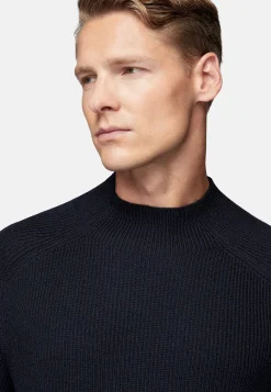 Tricots-Boggi Milano Pull Col Montant Bleu Marine En Laine Mérinos