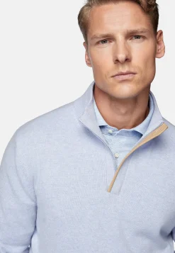 Tricots-Boggi Milano Pull Demi Zip Bleu Clair En Laine Cachemire