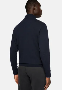 Tricots-Boggi Milano Pull Demi Zip Bleu Marine En Cachemire Mélangé