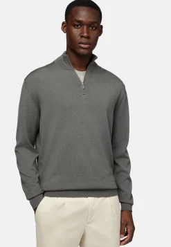 Tricots-Boggi Milano Pull Demi-Zip Vert En Laine Mérinos