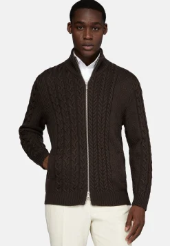 Tricots-Boggi Milano Pull Full Zip Marron Avec Mélange De Points En Laine Mérinos