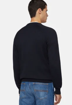 Tricots-Boggi Milano Pull Ras-du-cou En Coton Soie Cachemire bleu marine